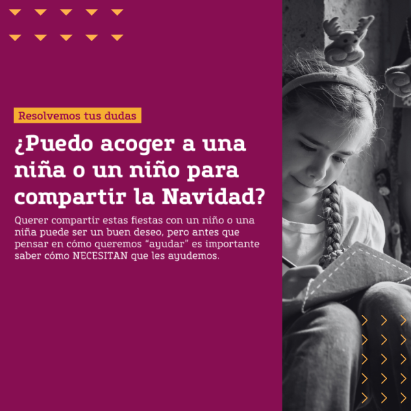 Gráfica con un texto que dice: ¿Puedo acoger a una niña o un niño para compartir la Navidad? También aparece una foto de una niña escribiendo una carta con un adorno navideño en la cabeza.