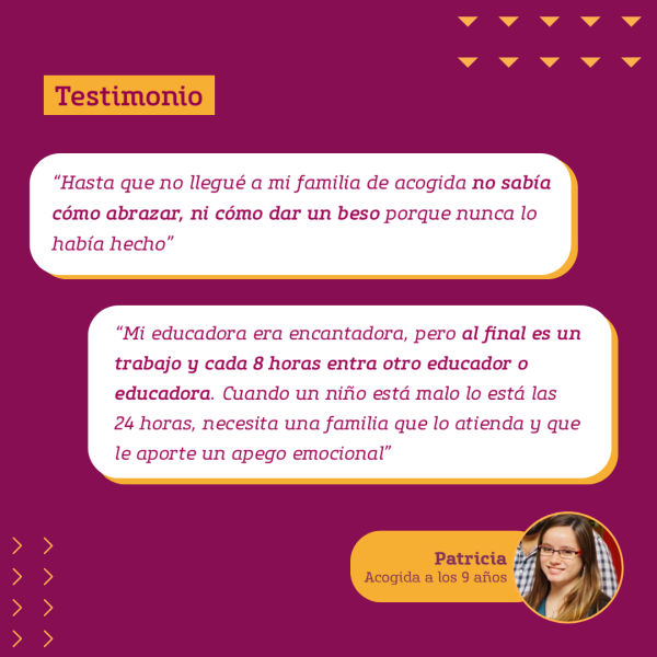 Testimonio de Patricia Moyá, acogida cuando tenía más de 7 años. Dice que al principio no sabía dar abrazos