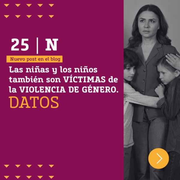 Imagen de una mujer abrazando a un niño y una niña. Un texto que dice "Las niñas y los niños también son víctimas de la violencia de género"