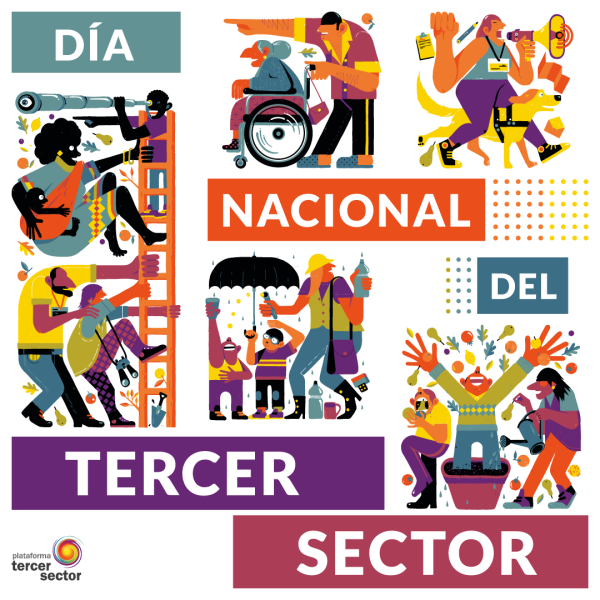 Imagen de la Plataforma del Tercer Sector con ilustraciones de personas ayudando unas a otras