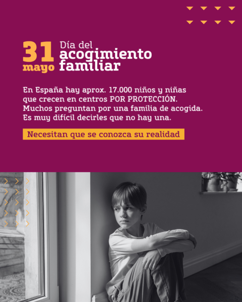 Imagen que explica que el 31 de mayo es el día del acogimiento familiar. Sale una foto de un niño sentado y de aspecto solitario. Pone que en España hay 17.000 niños y niñas bajo el sistema de protección y que hay pocas familias de acogida porque es una medida desconocida