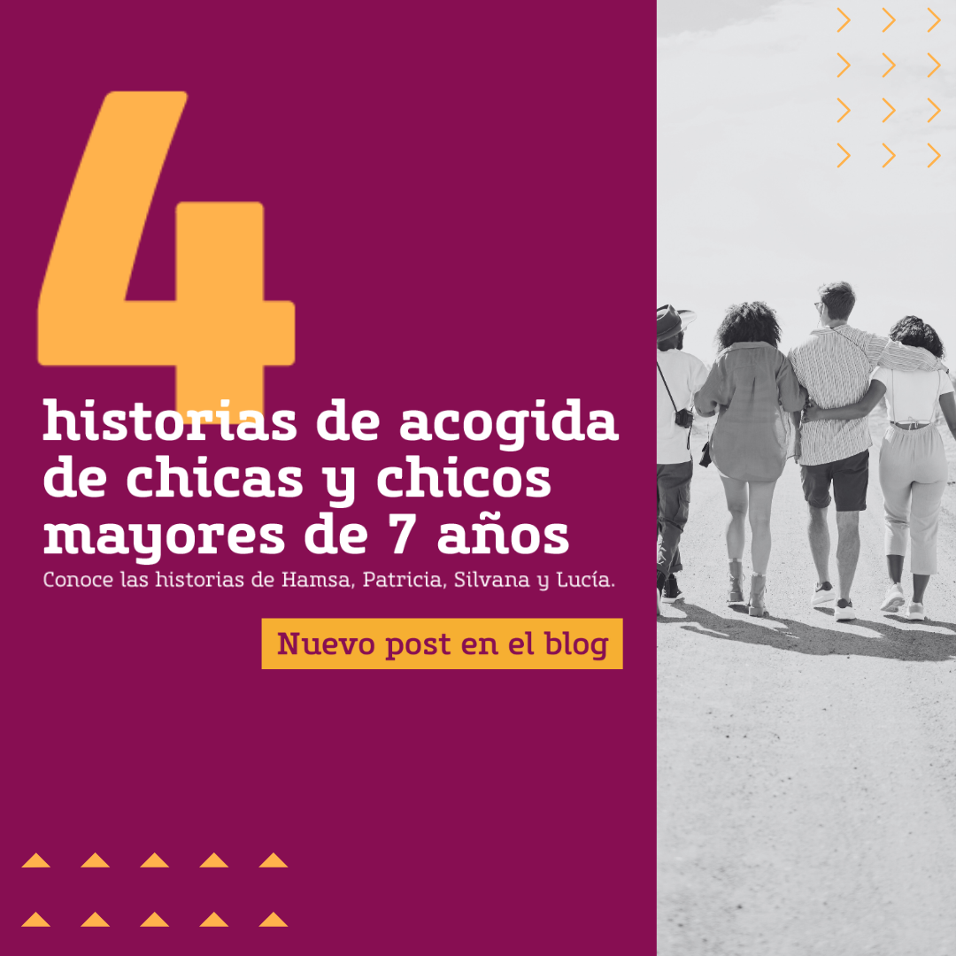 Foto de grupo de chicos y chicas y un texto que dice "4 historias de acogida de chicas y chicos mayores de 7 años"