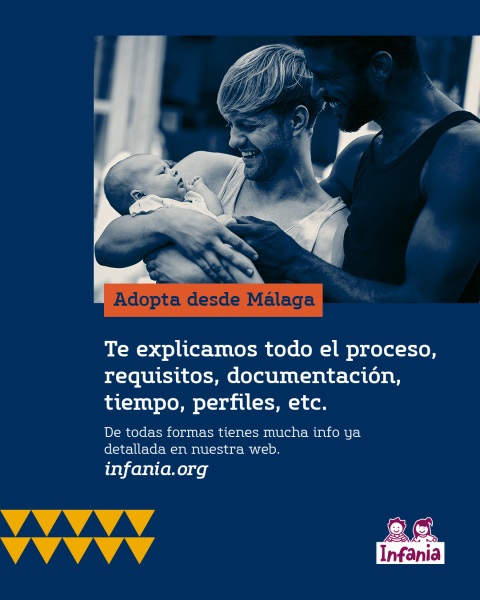 Imagen que tiene una foto de una pareja de dos chicos que tienen a un bebé en brazos y lo miran con expresión de ternura y cariño. En el texto pone "Te explicamos todo el proceso, requisitos, documentación, tiempo, perfiles, etc"