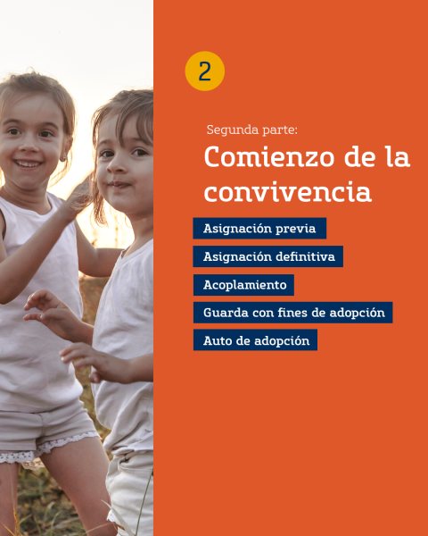 Imagen con una fotografía de dos niñas pequeñas y un texto que dice "Segunda parte: comienzo de la convivencia" y una lista con los puntos que se desarrollan en la segunda parte que se nombran en el texto de esta publicación