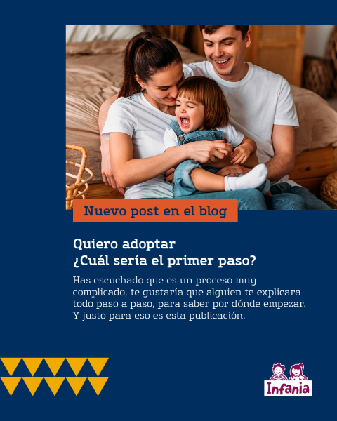 Imagen con una fotografía de una pareja heterosexual con una niña pequeña y un texto que dice "Quiero adoptar: ¿cuál sería el primer paso?"